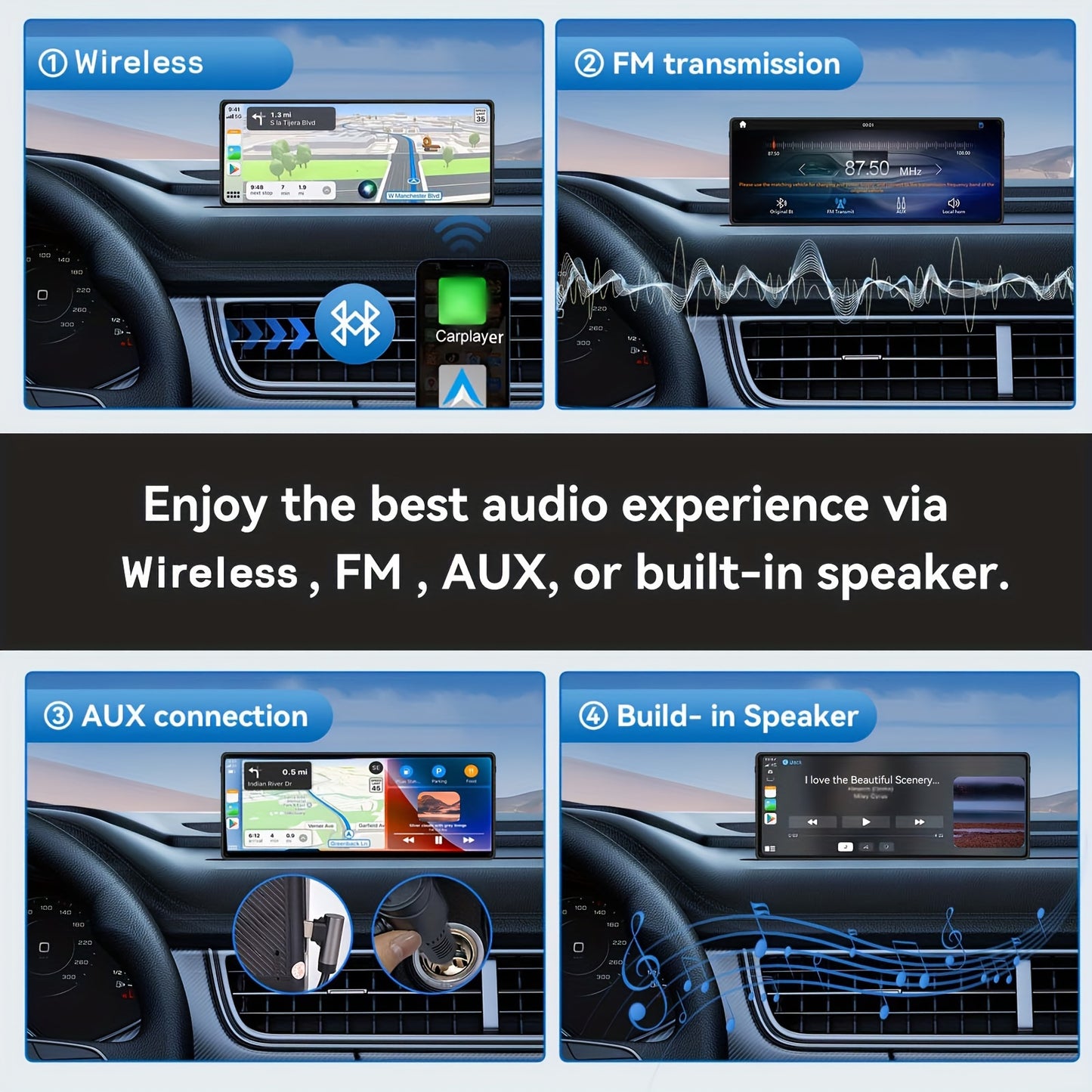 Portable Wireless Carplay Car Stereo, 10.26" Inch HD Touchscreen For Car With CarPlay & Android Auto With Mirror Link/Backup Camera/Siri/Wireless/Navigation/AUX For All Vehicles
