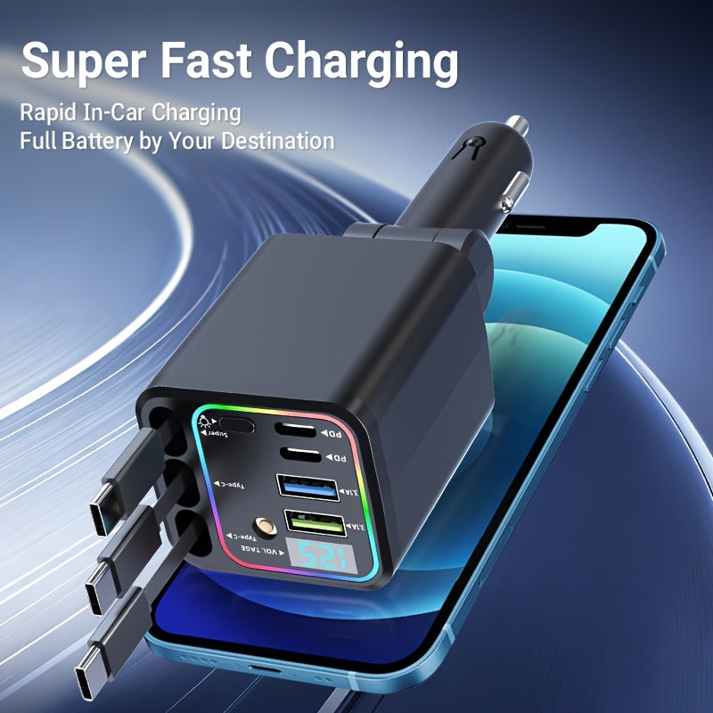7-in-1 Car Fast Charging Mobile Phone Charger | Upgraded Color Light, 3 Extendable Cables, Fast Charging Interface, 180° Free Adjustment Angle, LED Intelligent Digital Display Screen, USB Connector, Universally Applicable, Without Battery