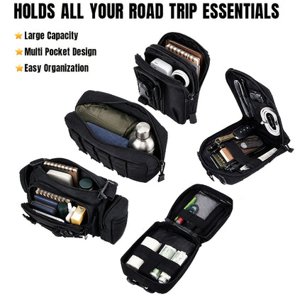 Car Seat Back Organizer with 5 MOLLE Pouches – Truck SUV Jeep Vehicle Panel Storage + 6 Keychains