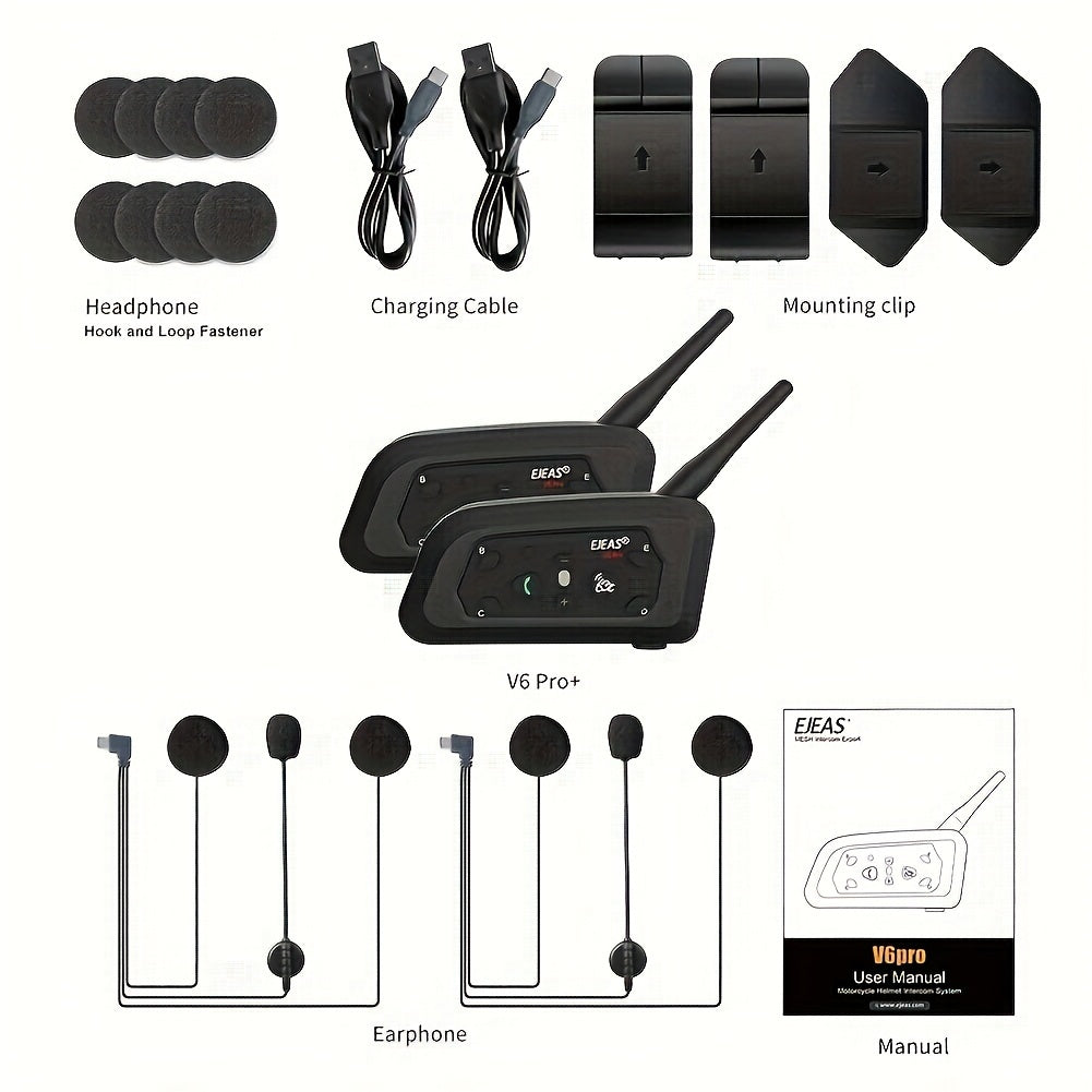 EJEAS V6 PRO+ Motorcycle Helmet Intercom 2-Pack – Bluetooth 5.0, 800M Range, 6-Rider Group, Type-C Charging