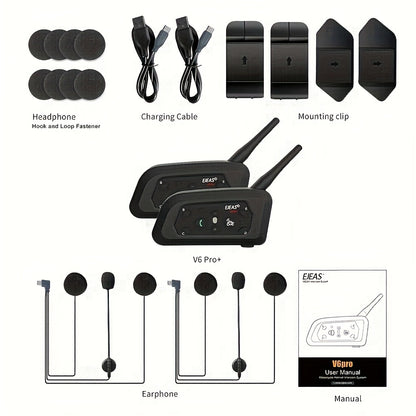 EJEAS V6 PRO+ Motorcycle Helmet Intercom 2-Pack – Bluetooth 5.0, 800M Range, 6-Rider Group, Type-C Charging