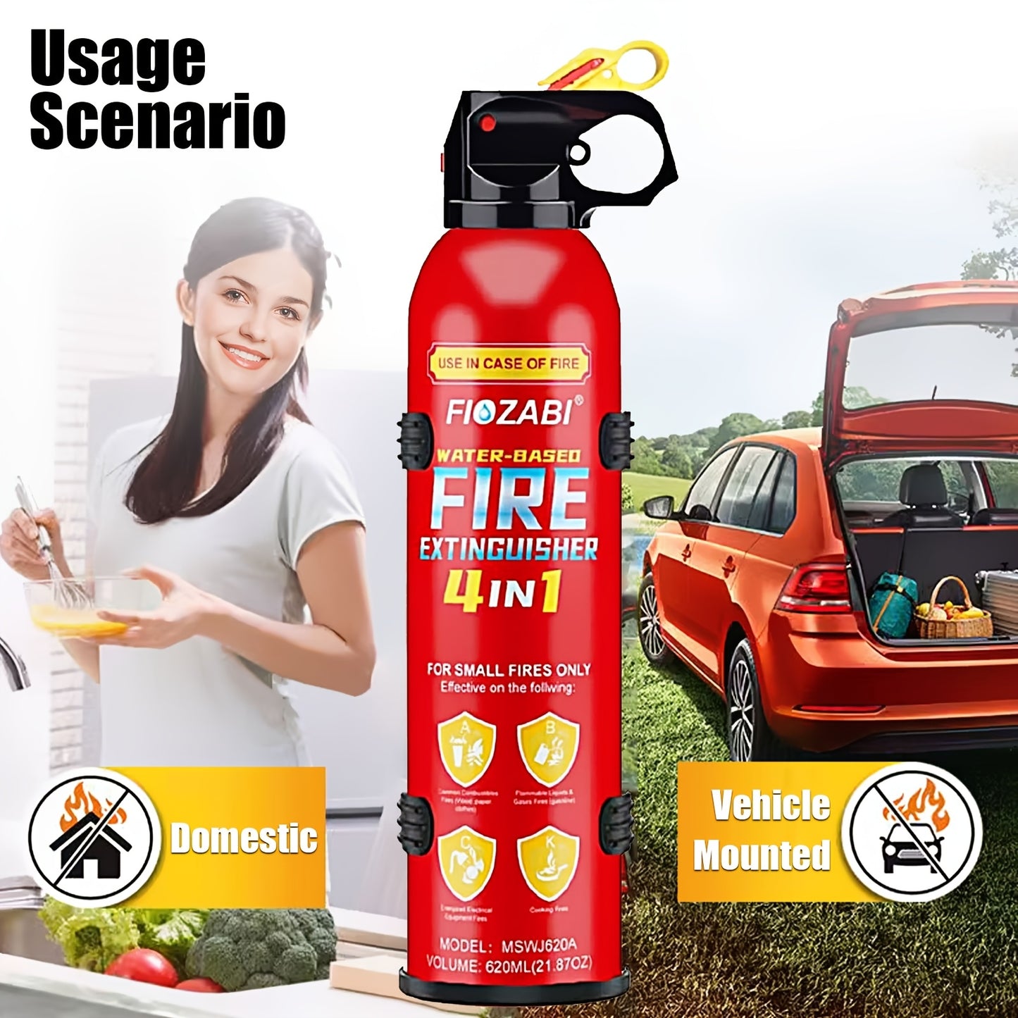 FIOZABI Portable Fire Extinguisher Spray 4 In-1 with Bracket for The House/Car/Kitchen/Garage/Home, 0.5-A:21-B:C:5K Water-Based Fire Extinguishers
