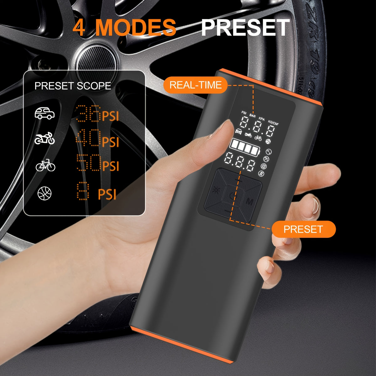 Portable Tire Inflator Air Compressor 150PSI – 6000mAh Rechargeable, USB-C, Dual Screen, Auto Shutoff, LED Light, 4 Modes for Car, Motorcycle, Bike & Ball