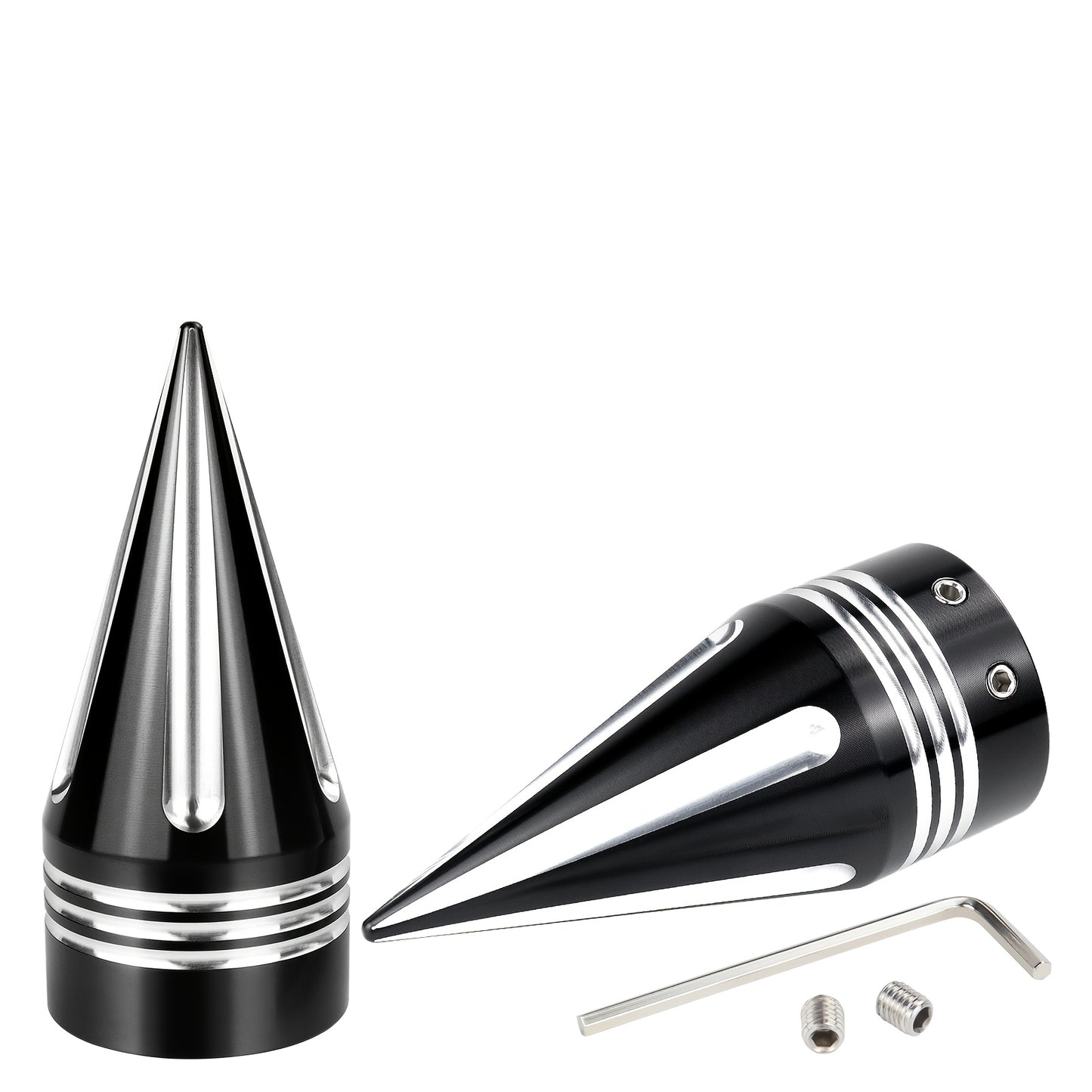 Motorcycle Front Axle Nut Covers CNC Spike Caps 3.6" – Fits Harley Touring Street Glide Road King Electra Glide Tri Glide 2008+, Black & Silver, Pair