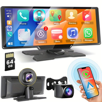 Podofo 10.26” Android Auto & CarPlay Wireless Portable Car Stereo with Touchscreen, Wireless/, Voice Control, FM Transmitter, Compatible for Smartphones, Navigation, Handsfree Calling, AUX Receiver for Vehicles