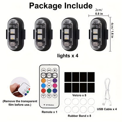4-Pack Car Wireless LED Strip Light Remote Control | Magnetic Vibration Lights with 8 Colors, USB Rechargeable, IP65 Waterproof, Impact-Resistant Warning Lights, Suitable for Car Interiors, Trucks, Motorcycles, Drones, Aircraft, Bicycles