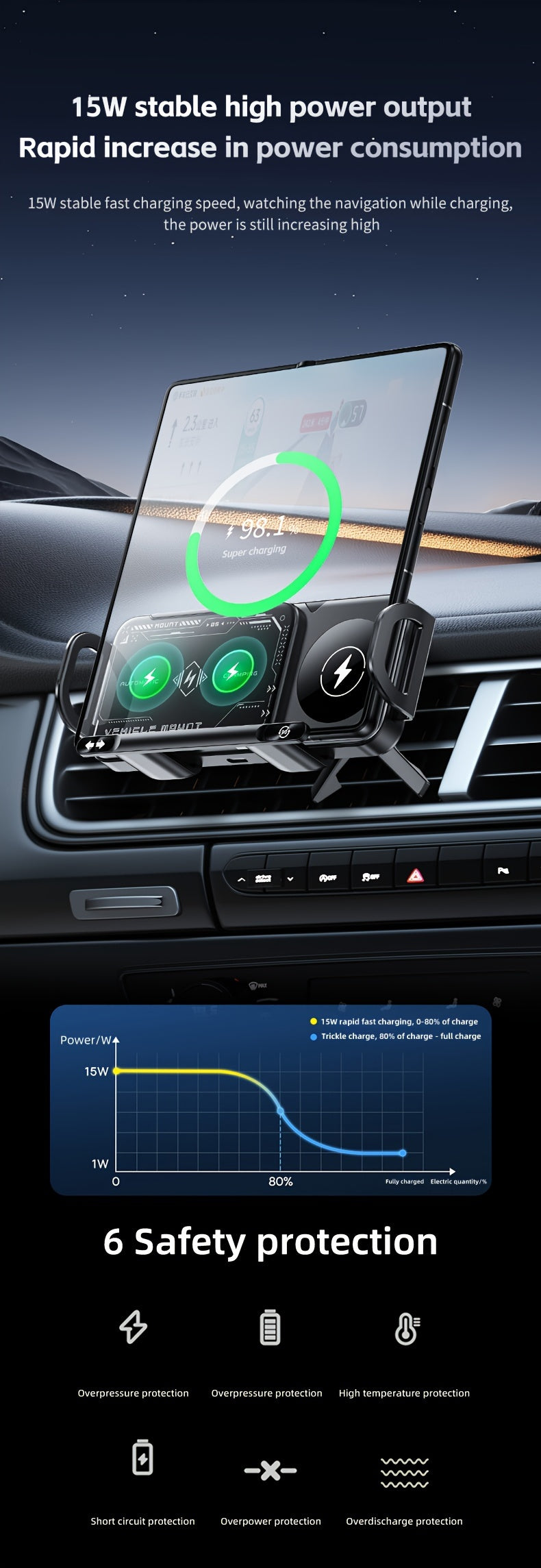 Wireless Charging Phone Holder Car Mount for Folding Screen/Universal Smartphone, 90° Rotating Car Mount Output Power 15W, Super Stable Air Vent Cell Phone Car Mount with Hook Clip, One Button Release for iPhone, Samsung, Google, and Other Smartphone