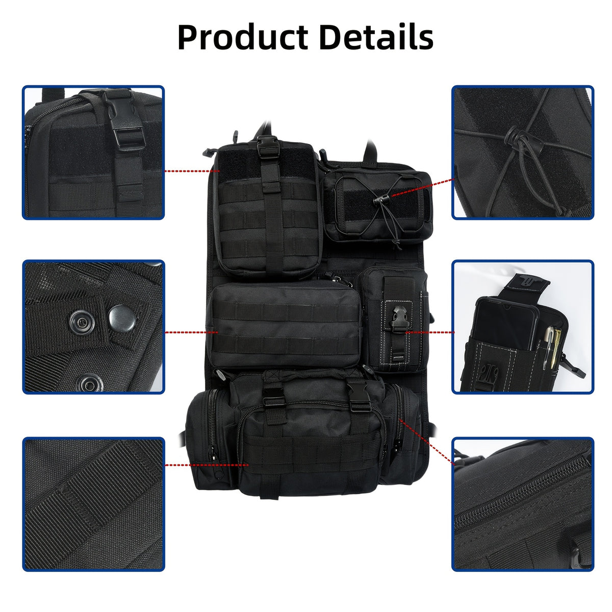 MOLLE Tactical Car Seat Organizer 5-Pocket – Heavy-Duty Nylon Seat Back Storage Bag | Universal Fit Jeep Truck SUV Off-Road Black