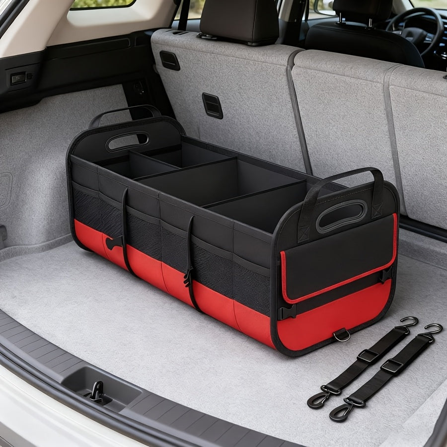Foldable 25.1gal Car Trunk Organizer | Multi-Compartment Storage with 4 Compartments and 2 Retractable Straps, Ideal for Travel, Camping, Shopping, Fits SUVs, Trucks, Minivans