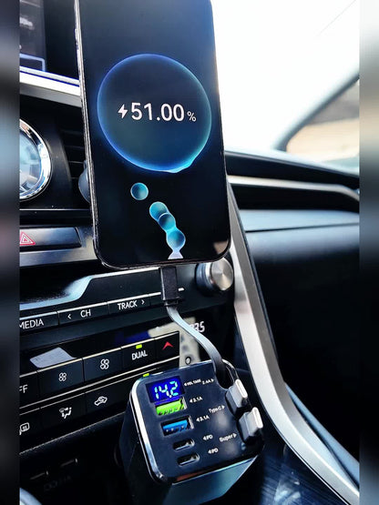 OUYAAQII 7-in-1 Fast Car Phone Charger/with 3 Retractable Cables And A Fast Charging Port/can Be Freely Adjusted In 180° Direction/features LED Intelligent Digital Display