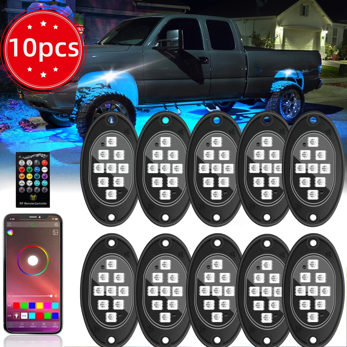 [RGB LED Rock Lights] 4/8/10pcs Rock Lights for Trucks RGB LED Rock Lights Kit With, APP/Remote Control & Music Mode, Wireless Remote Controller, Multicolor Cars Underglow, Footwell Neon Light Kits for Pickup Off Road RZR SUV ATV UTV Car