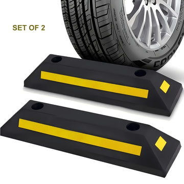 Garage Wheel Stops Heavy Duty Rubber Parking Curb with Reflective Yellow Tape – Set of 1/2/4/8/12 for Safe Vehicle Parking