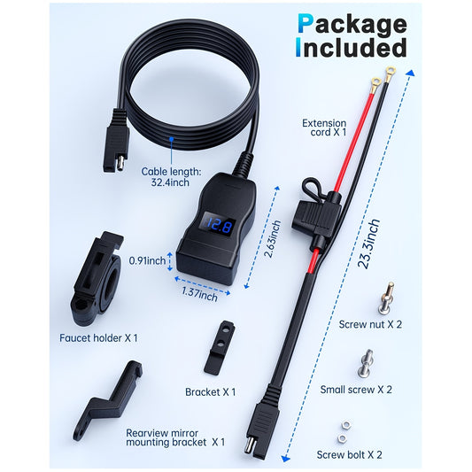 Motorcycle USB Charger, Dual USB Type C PD & Quick Charge 3.0 Motorcycle Phone Charger with Voltmeter & ON/Off Switch, Motorcycle Accessories for All Phone, Tablet, GPS