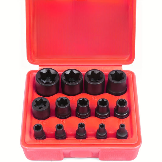 14pcs Female E-Torx Star Socket Set/Rail, 1/4" 3/8" 1/2" Drive, E24 External Torque Socket Set, Ultimate Star Socket Set, Torque Socket Set, External Plum Blossom Socket Set