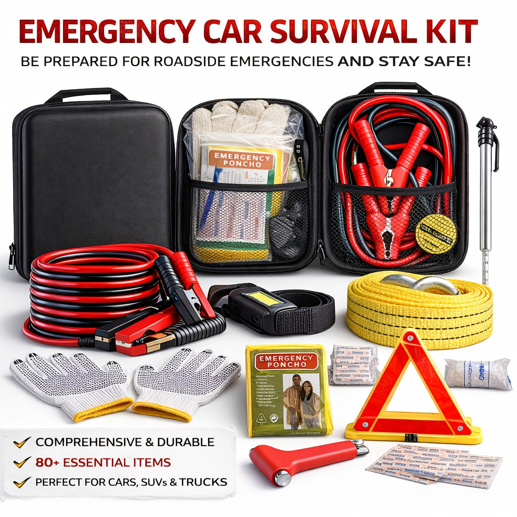 Car Emergency Kit with Battery Jumper Cables, Car Accessories Men Or Women, Emergency Car Kit, Roadside Automotive Safety Kit Car, Vehicle, Truck Or SUV, Gifts Men Or Him, Black