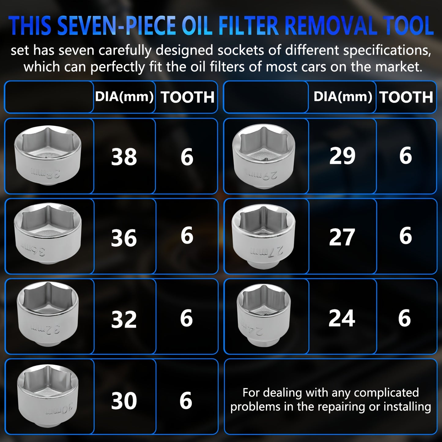 7pcs Oil Filter Element Socket Wrench Hexagonal Wrench Tool Kit Including 24Mm, 27Mm, 29Mm, 30Mm, 32Mm, 36Mm, 38Mm Socket Set, Including 24Mm, 38Mm Socket Set Almost Universal Tools, Gift