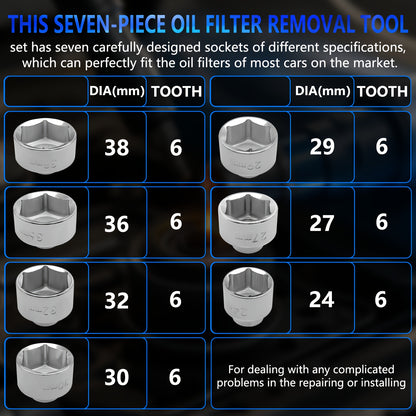 7pcs Oil Filter Element Socket Wrench Hexagonal Wrench Tool Kit Including 24Mm, 27Mm, 29Mm, 30Mm, 32Mm, 36Mm, 38Mm Socket Set, Including 24Mm, 38Mm Socket Set Almost Universal Tools, Gift