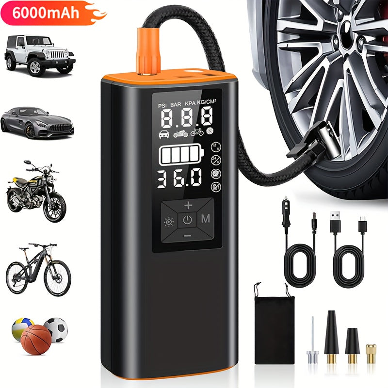 Portable Tire Inflator Air Compressor 150PSI – 6000mAh Rechargeable, USB-C, Dual Screen, Auto Shutoff, LED Light, 4 Modes for Car, Motorcycle, Bike & Ball