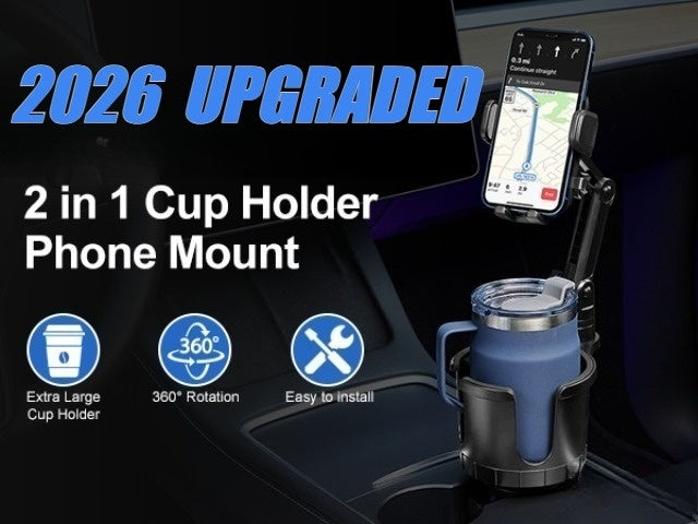 [2-In-1 Cup Phone Holder] Car Cup Holder Phone Mount, Upgraded 2-In-1 Car Cup Phone Holder Expander with Adjustable Base, 360-Degree Rotation, Cup Phone Holder for Car Compatible with Iphone, Samsung & All Smartphones