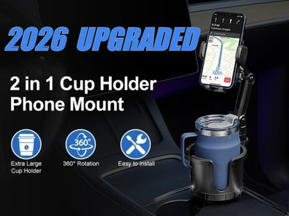 [2-In-1 Cup Phone Holder] Car Cup Holder Phone Mount, Upgraded 2-In-1 Car Cup Phone Holder Expander with Adjustable Base, 360-Degree Rotation, Cup Phone Holder for Car Compatible with Iphone, Samsung & All Smartphones