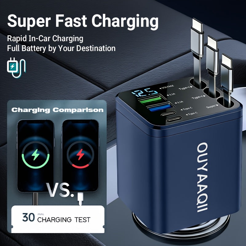 OUYAAQII 7-in-1 Fast Car Phone Charger/with 3 Retractable Cables And A Fast Charging Port/can Be Freely Adjusted In 180° Direction/features LED Intelligent Digital Display