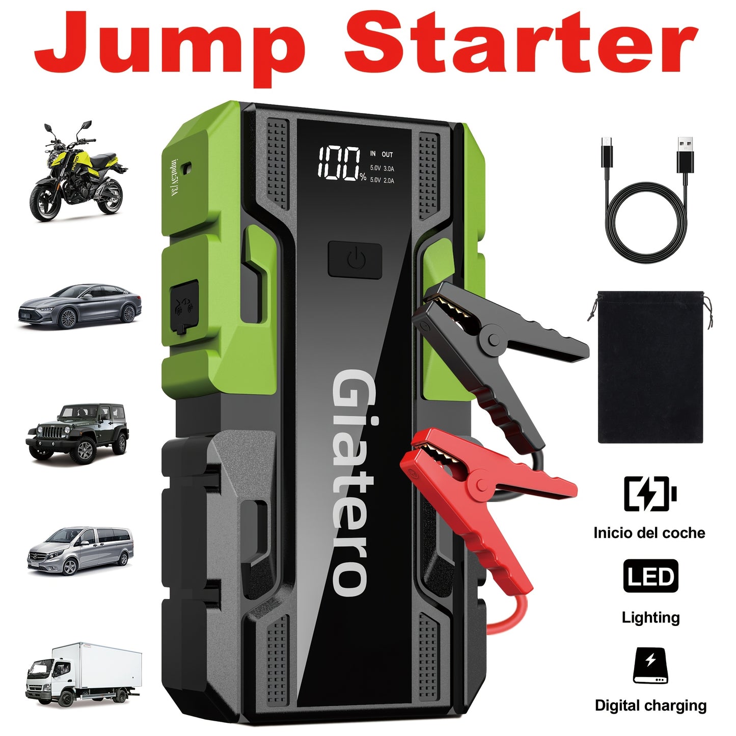 Portable Car Emergency Starter Power Supply, Equipped with an Air Compressor Tire Inflator, Suitable for Up to 3.7gal Gasoline Engines And 3.17gal Diesel Engines, And Specifically Designed for 12V Trucks And Cars As an Emergency Starter Power Supply