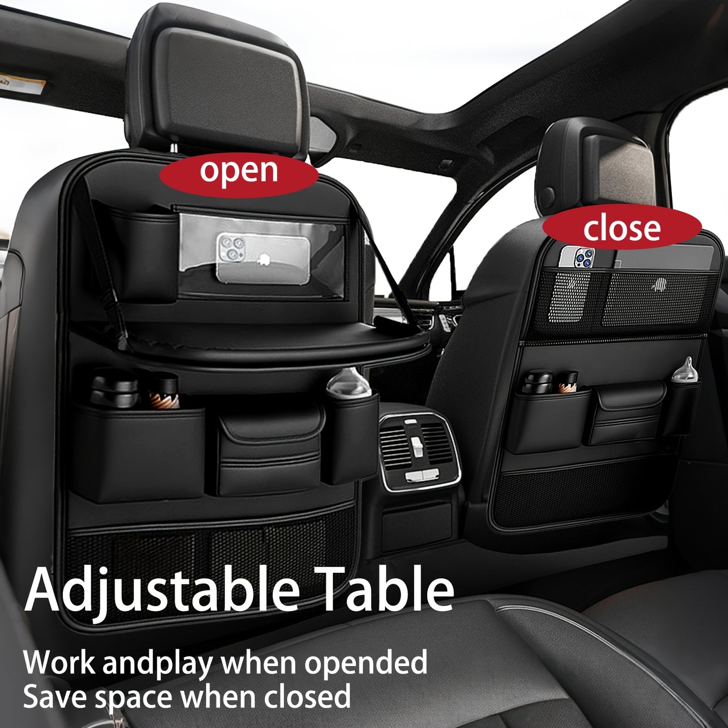 QIANKUNBAG PU Leather Car Backseat Organizer with Foldable Table Tray, Black Grey Green Car Storage Organizer with Tablet Holder, Car Seat Back Protectors Kick Mats Travel Accessories