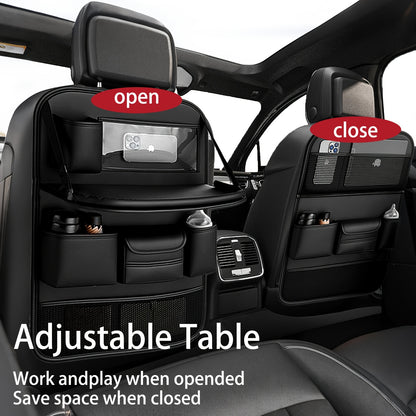 QIANKUNBAG PU Leather Car Backseat Organizer with Foldable Table Tray, Black Grey Green Car Storage Organizer with Tablet Holder, Car Seat Back Protectors Kick Mats Travel Accessories