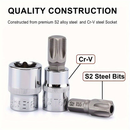 Set of 34 Torx Bit Sockets And E-Torx Sockets for 1/4", 3/8", And 1/2" Drives, Including Both Male And Female E-Torx Security Bits, Designed for Handheld Use