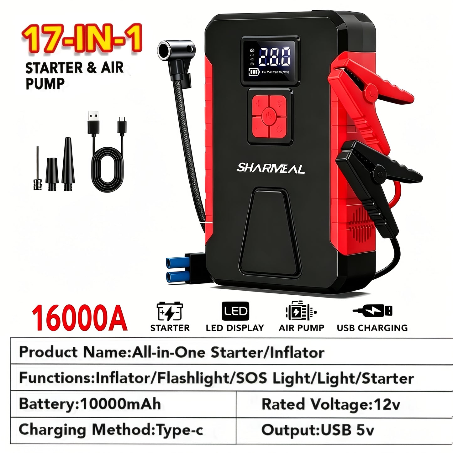 15000A-21000A Peak 350PSI 12V 17-in-1 Portable Jump Starter with Air Compressor Jump Starter, Car Battery Charger, Car Jump Starter with Air Compressor, Jump Starter Para, Car Accessories Tools, LED Light, Battery Charger, Cart Battery Charger