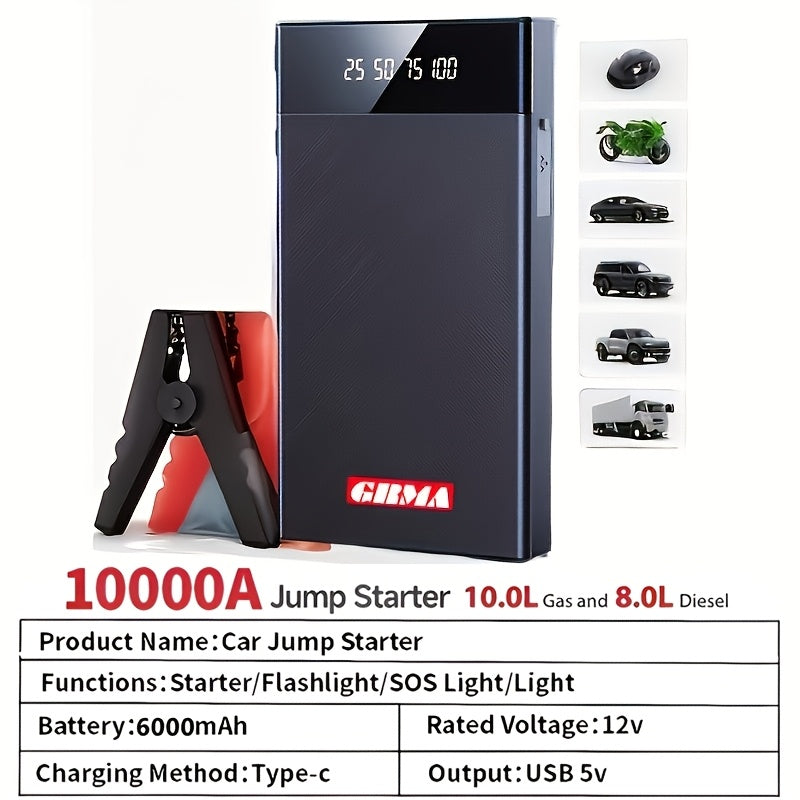 Wireless Car Jump Starter, Battery Jump Starter Portable Peak, Portable Car Battery Charger 12V (8.0L GAS/1.72 Gallon Diesel) Quick Car Start, USB Input/output, LED Emergency, Car Accessory Tool