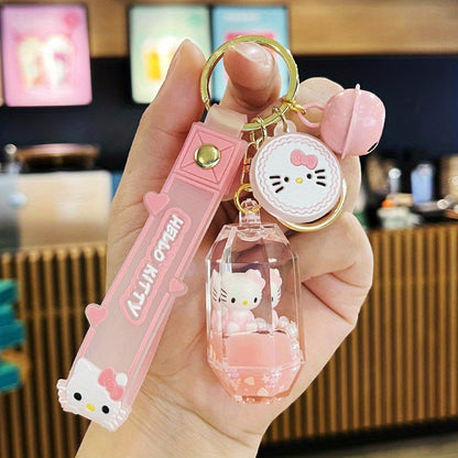 2D Flat, Cute KT Cat Quicksand Keychain Female Creative Cartoon Doll Student School Bag Pendant Car Key Chain Trinkets