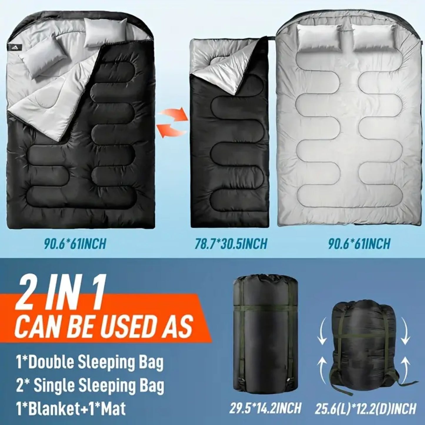 Fits RV Double Sleeping Bag for Adults Men with Pillow, XL Queen Size Two-Person Sleeping Bag for All-Season Camping Hiking Backpacking 2-Person Sleeping Bags for Cold Weather And Warm