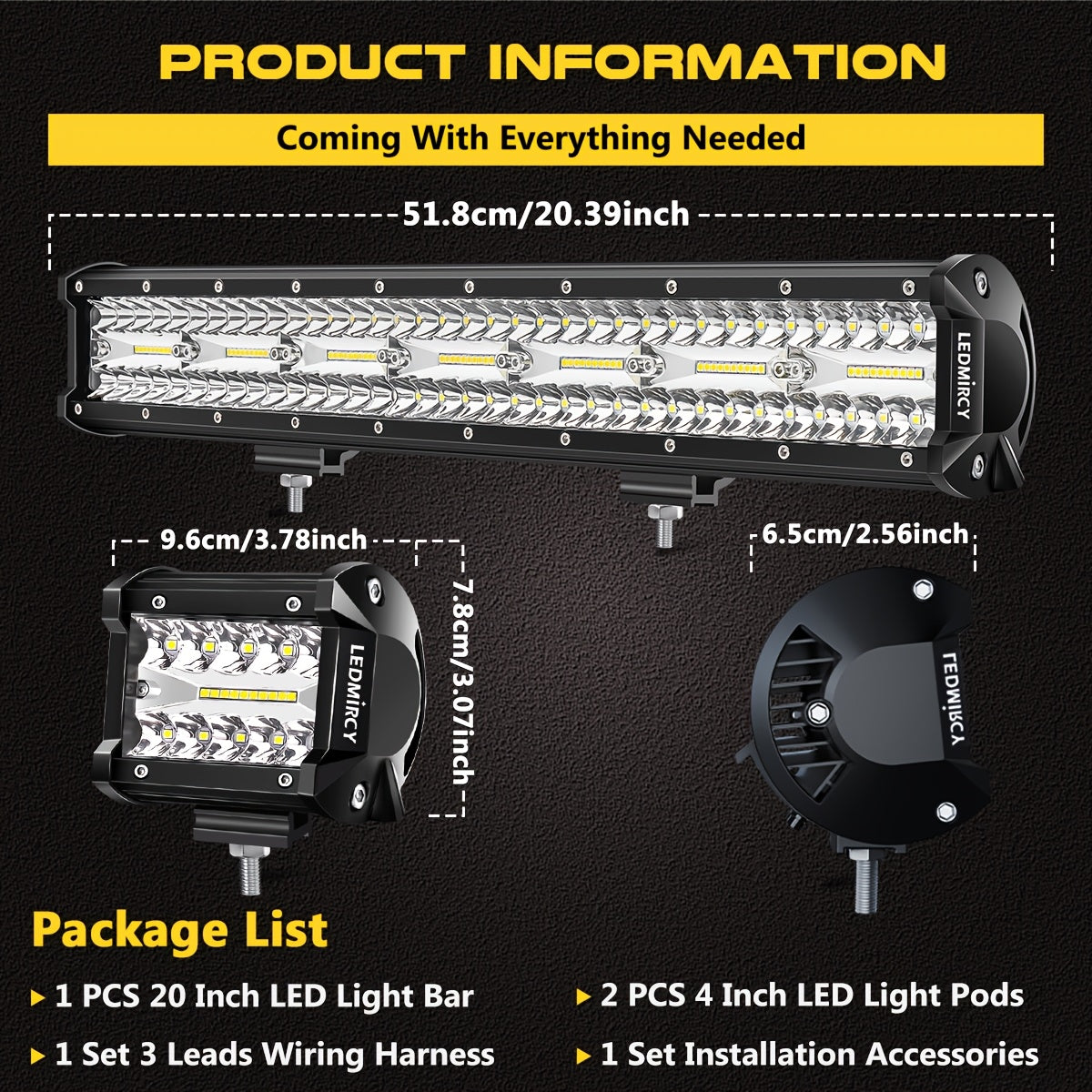 LEDMIRCY 20 Inch LED Light Bar And 4 Inch LED Pods 2pcs Kit, with 3 Leads Wiring Harness Rocker Switch Triple Row Off Road Light Bar, for Off Road UTV ATV Pickup Trucks Boat Yachts