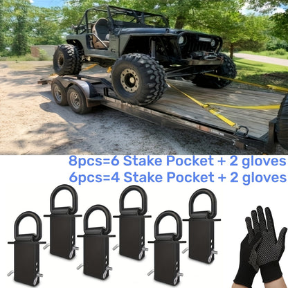 6/8pcs Stake Pocket D Rings Heavy Duty Removable D-Ring Stake Pocket Tie Down For Utility Trailers And Flatbeds Equipped With Hitch Pin, Removable Tie Down Utility For Flatbed Cargo Trucks. (Includes 2 Anti-slip Gloves)