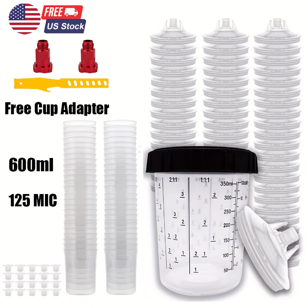 Disposable Paint Cup Liners 50-Pack – 20oz PPS Cups with Lids, 125-Micron Strainers, HVLP Spray Gun Adapters & Stirrer for Automotive Painting