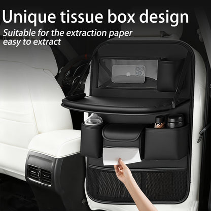 QIANKUNBAG PU Leather Car Backseat Organizer with Foldable Table Tray, Black Grey Green Car Storage Organizer with Tablet Holder, Car Seat Back Protectors Kick Mats Travel Accessories
