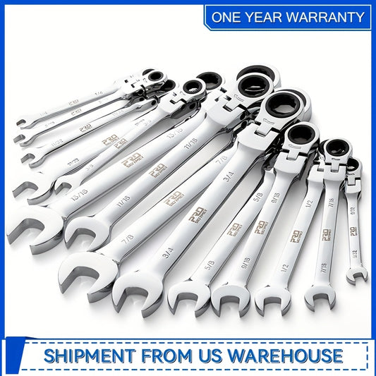 Professional 14-PCS SAE Flex Head Ratcheting Wrench Set - 1/4" To 7/8" Chrome Vanadium Steel With Organizer Rack - For Automotive & Mechanical Repair
