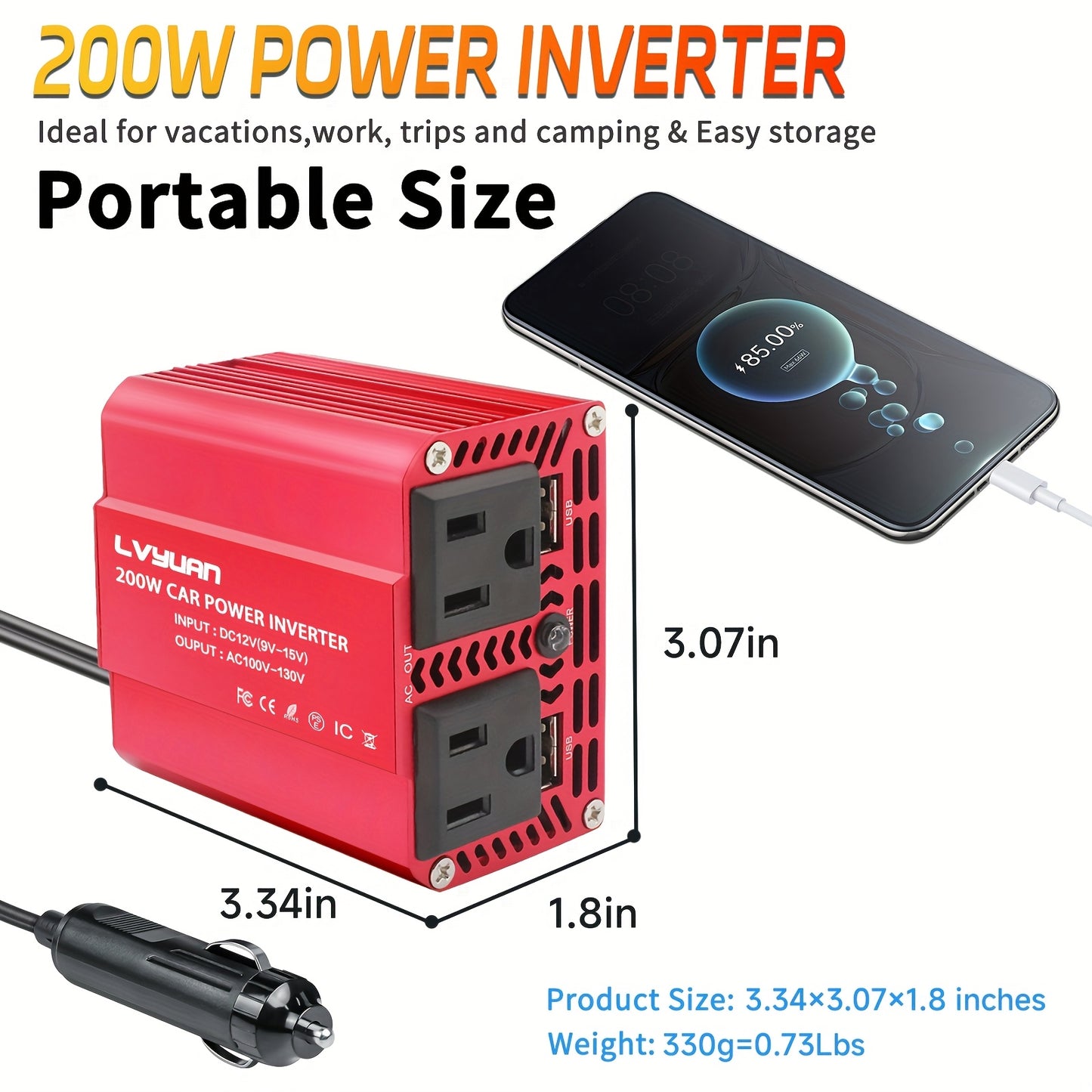 [Car Power Inverter] LVYUAN 200W/1000W/3000W Car Power Inverter DC 12V to 110V AC Converter with LCD Display Dual AC Outlets And Dual USB Car Charger for Car Home Laptop Truck Boat Red
