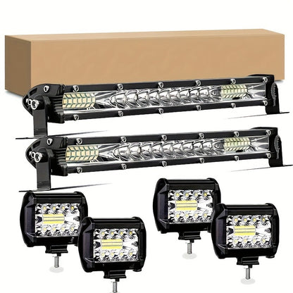Ultra-Bright LED Light Bar & Work Light Combo Kit, White Light, Universal Fit for 4x4 Offroad Vehicles, Trucks, SUVs, ATVs - 2 Light Bars + 4 Pods Set