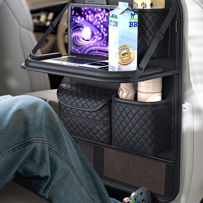 2025 New Spacious Faux Leather Car Seat Back Storage Bag | Foldable Organizer Featuring Tablet Holder, Cup Holder & Mesh Pocket, Versatile Car Seat Back Organizer for Rear Seats, Perfect Gift