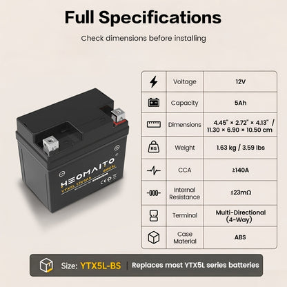 HEOMAITO 6MG5L-YTX5L 12V 5Ah Sealed Battery, Maintenance-Free Power, for AGM, Motorcycle CTX5L Battery for Honda YUASA for Yamaha ETX5L-B