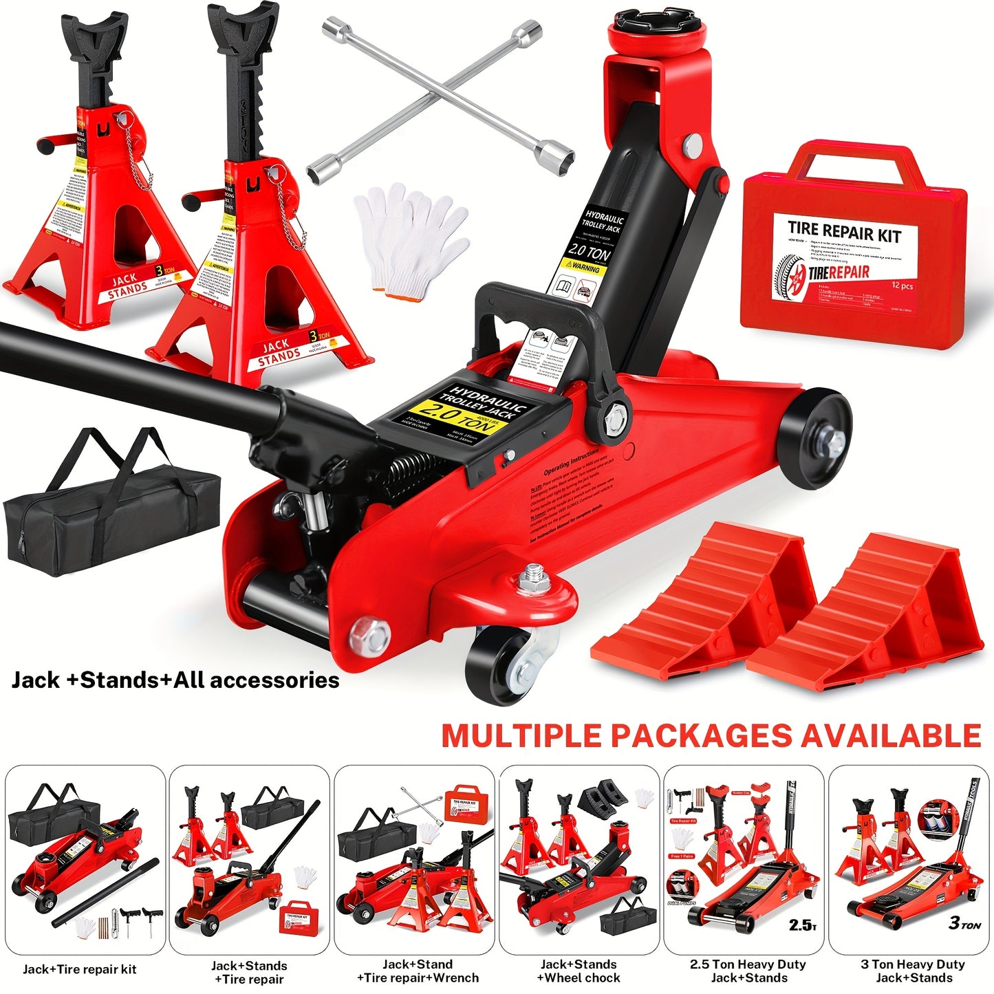2/2.5/3 Ton Capacity, Jack Kit Low Profile Hydraulic Trolley Service/Floor Jack Combo, Multiple Meal Plans to Choose from 3 Ton Jack Stands 2PCS, Tire Repair Kit, 14-inch Wheel Cross Wrench, Wheel Chock, Jack Accessories Red/Blue