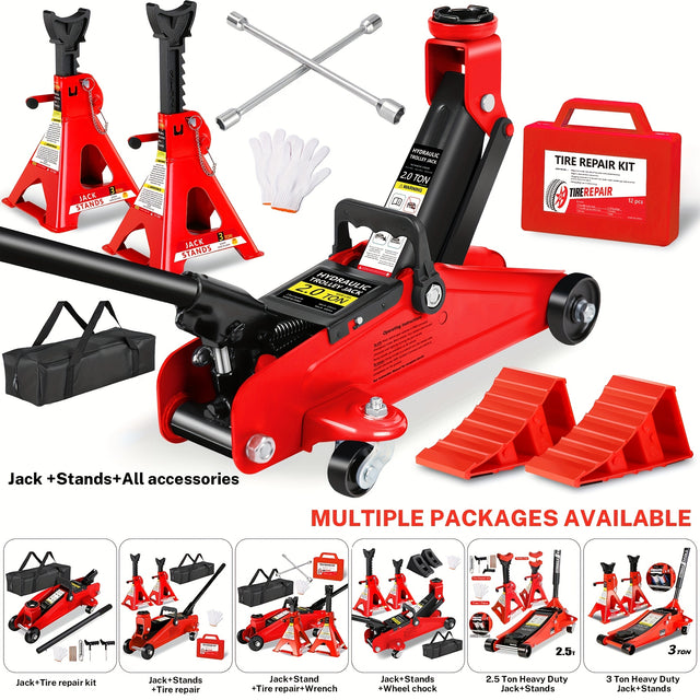 2/2.5/3 Ton Low Profile Hydraulic Floor Jack & Jack Stands Combo Kit, with Tire Repair Kit Wheel Wrench Wheel Chock, Multiple Configurations Red/Blue