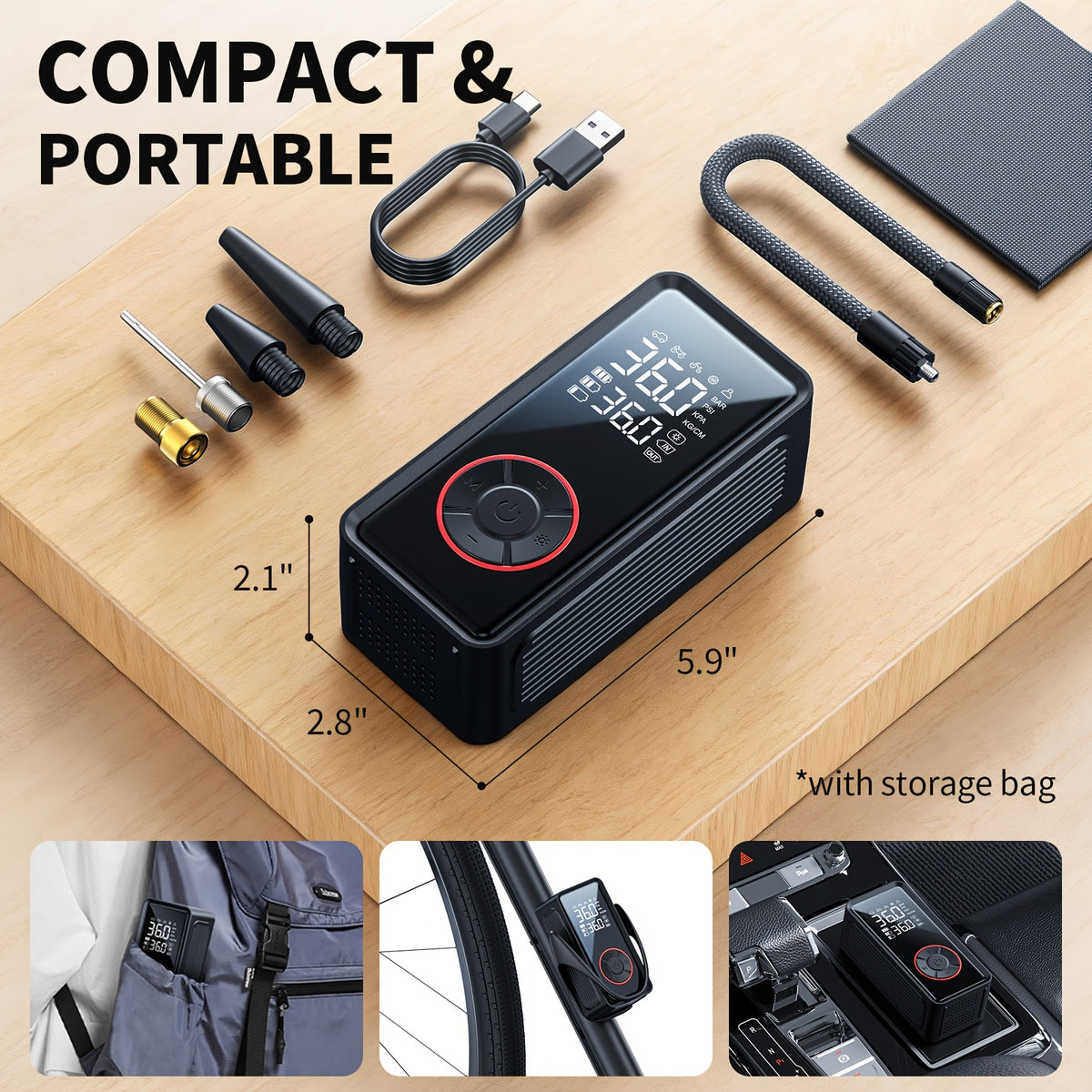 Portable Cordless Tire Inflator – 150PSI Fast Inflation Air Compressor with Digital Gauge, LED Light & Auto Shut-Off for Cars, SUVs, Motorcycles & Bikes