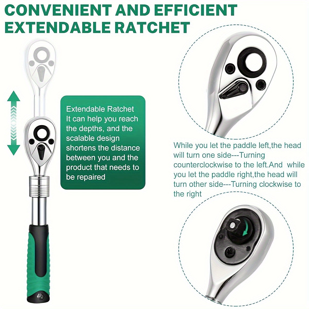 3-Piece Extendable Ratchet Set, 1/4 3/8 1/2 Inch Extendable Socket Wrench, Ratchet Wrenches Set 72-Tooth Quick-Release, Soft Grip Handle, Release Reversible Gear Torque Spanner Mechanical Tools