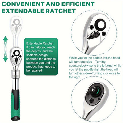 3-Piece Extendable Ratchet Set, 1/4 3/8 1/2 Inch Extendable Socket Wrench, Ratchet Wrenches Set 72-Tooth Quick-Release, Soft Grip Handle, Release Reversible Gear Torque Spanner Mechanical Tools
