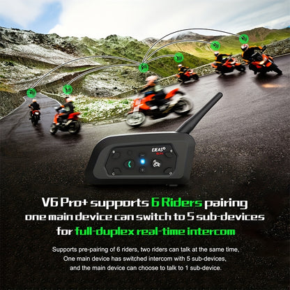 EJEAS V6 PRO+ Motorcycle Helmet Intercom 2-Pack – Bluetooth 5.0, 800M Range, 6-Rider Group, Type-C Charging