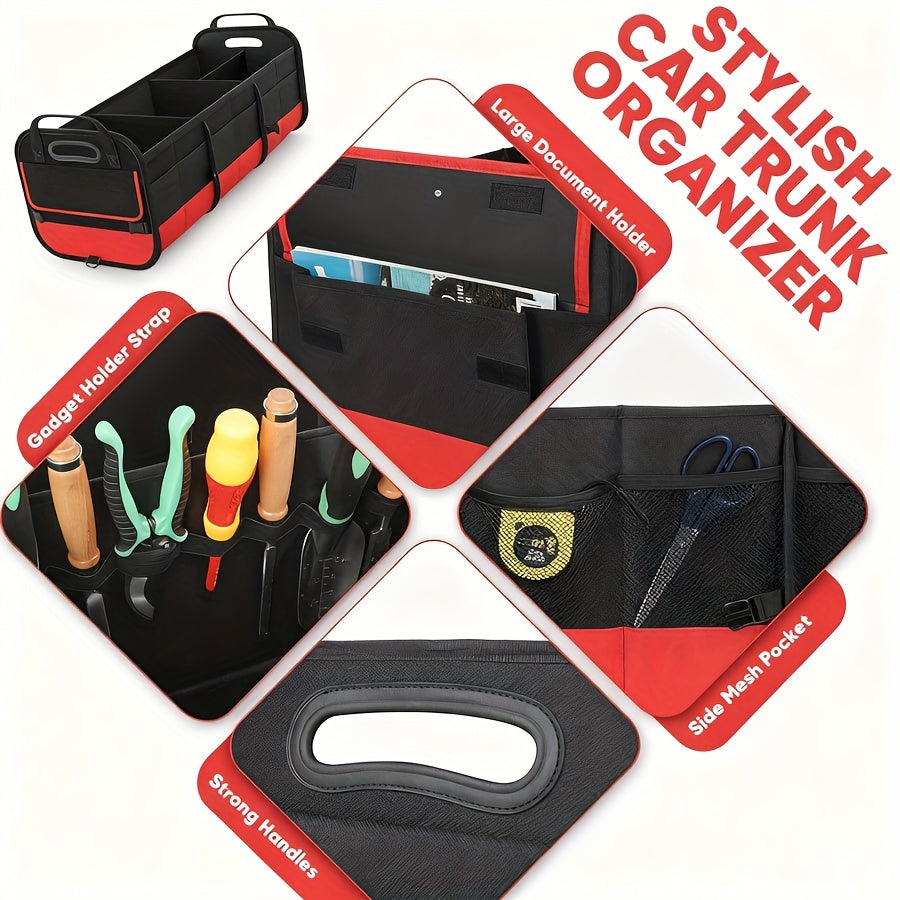 Foldable 25.1gal Car Trunk Organizer | Multi-Compartment Storage with 4 Compartments and 2 Retractable Straps, Ideal for Travel, Camping, Shopping, Fits SUVs, Trucks, Minivans