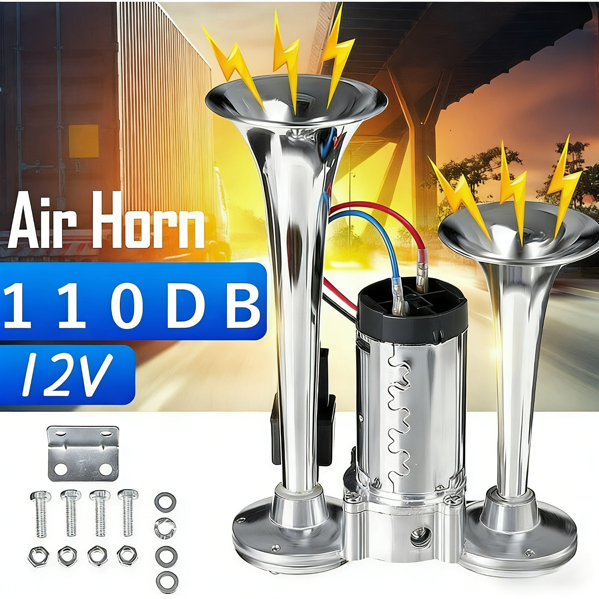 Dual Trumpet Electric Air Horn 110dB 12V Chrome for Car Truck Boat SUV Motorcycle – Loud Horn Kit with Compressor & Mounting Hardware